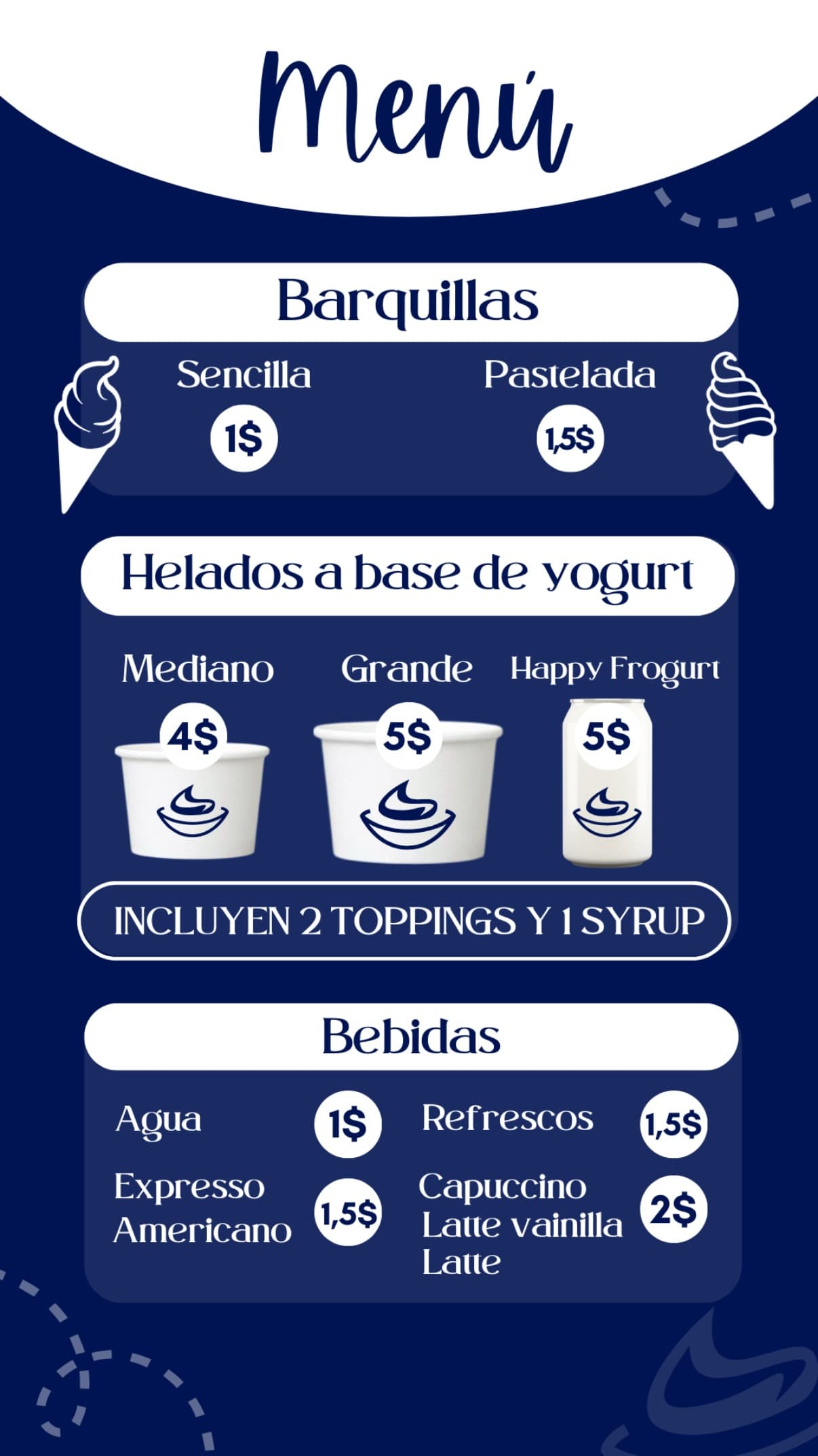 Menú principal de Frogurt con precios y productos