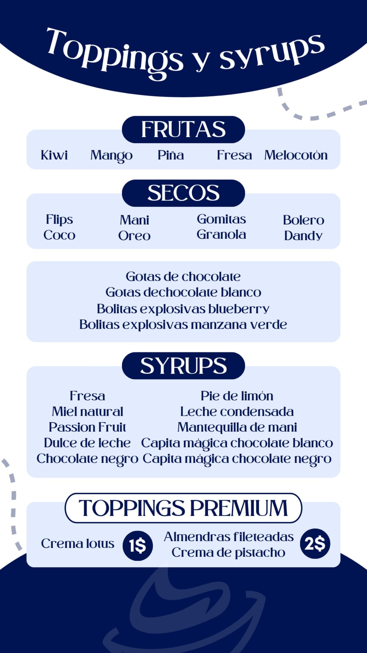 Menú de toppings y syrups disponibles