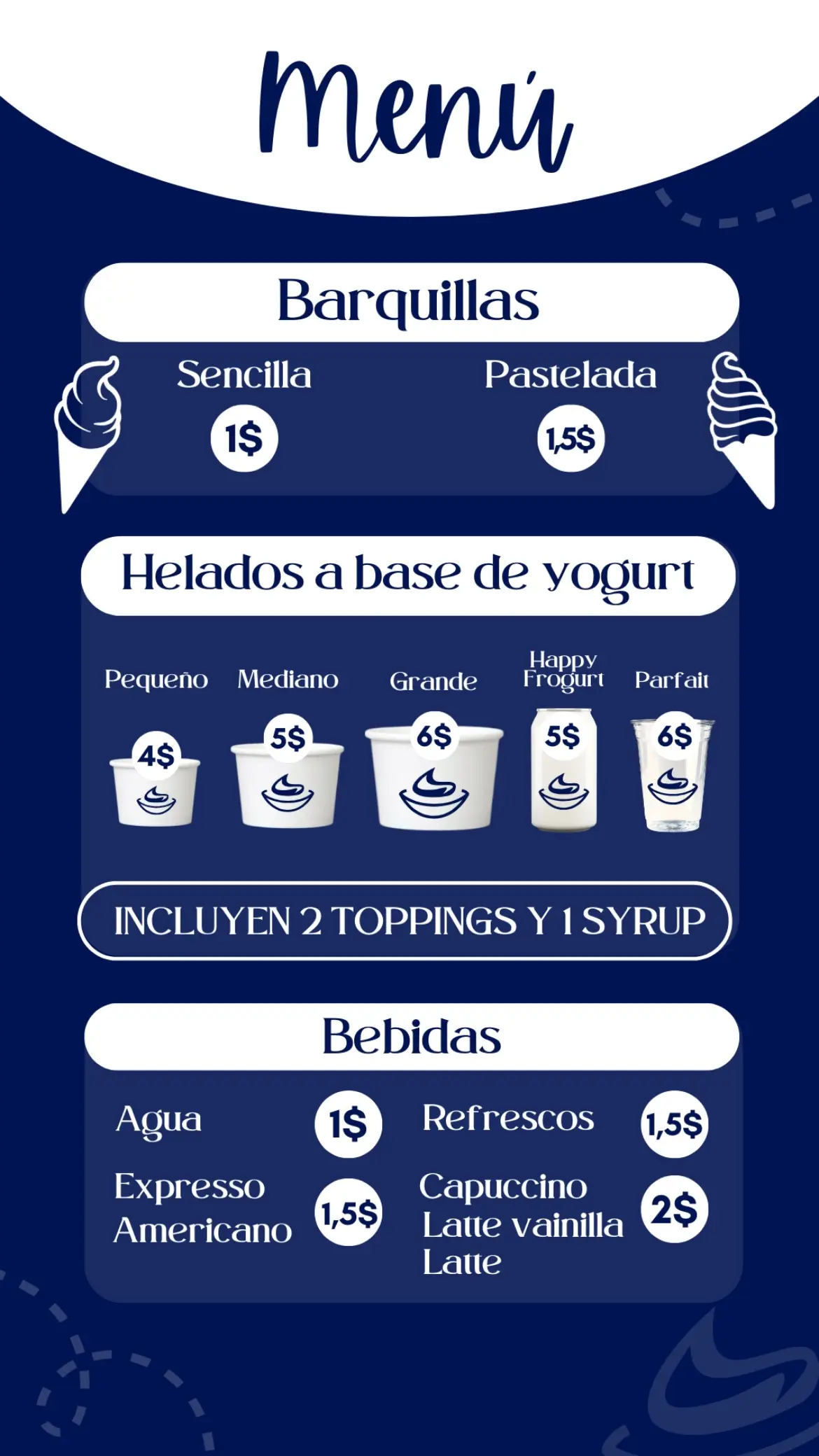 Menú principal de Frogurt con precios y productos